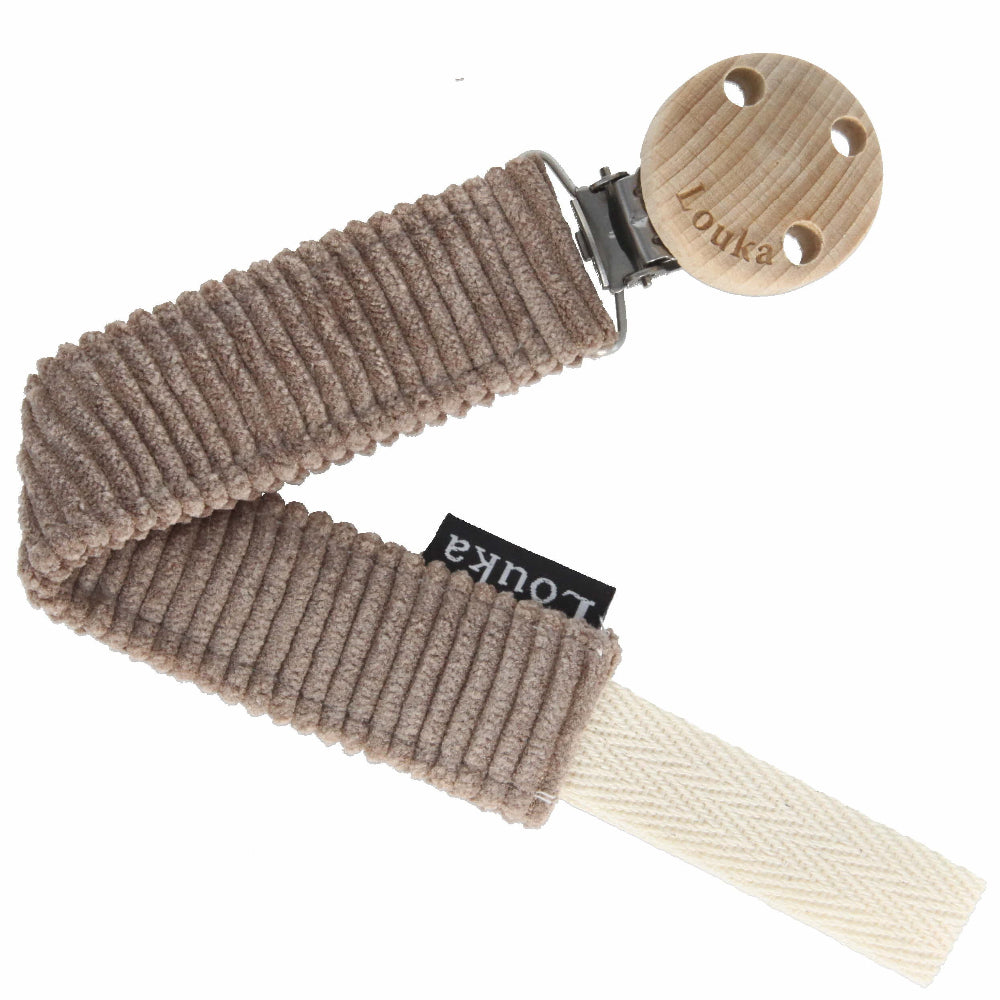 Stijlvol bruin speenkoord van rib stof, veilig babyaccessoire met naamoptie – Louka
